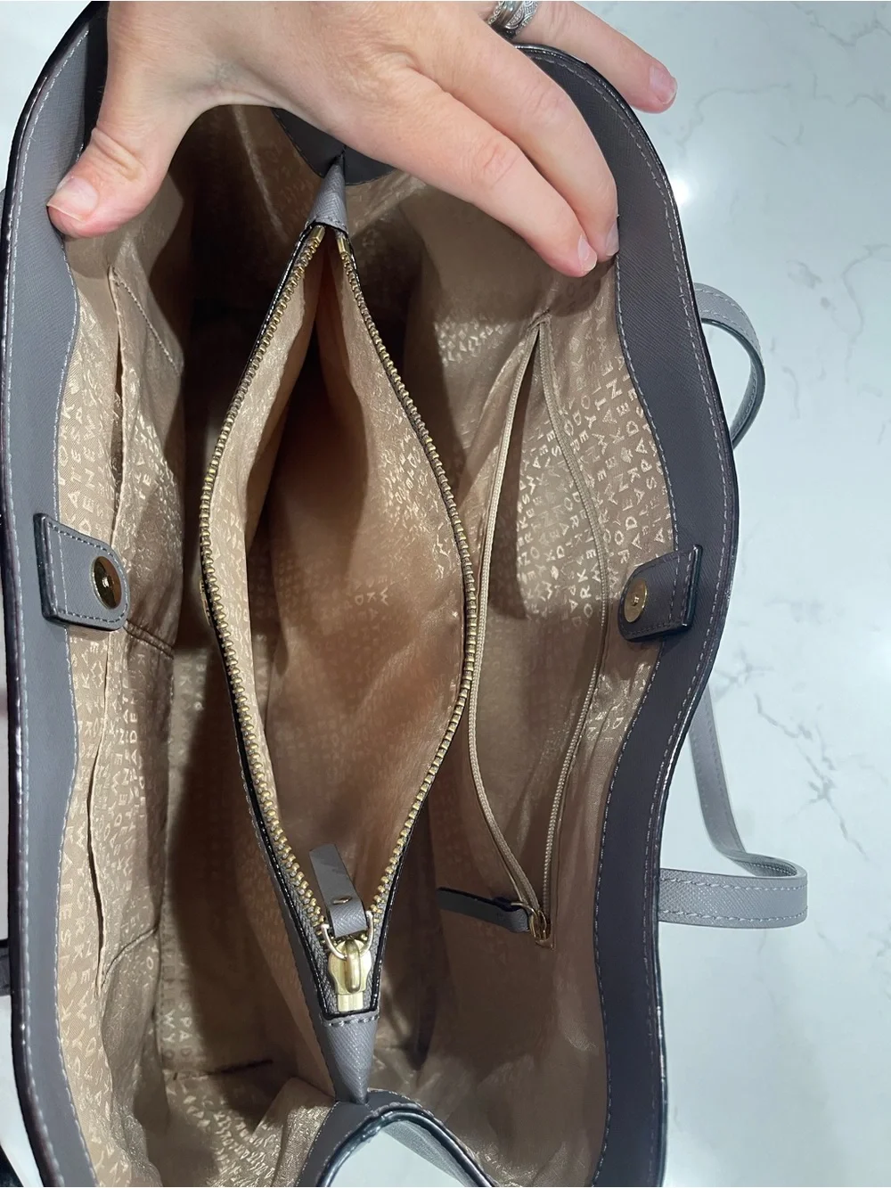 kate spade Gray Structured Saffiano Tote with Gold Plaque